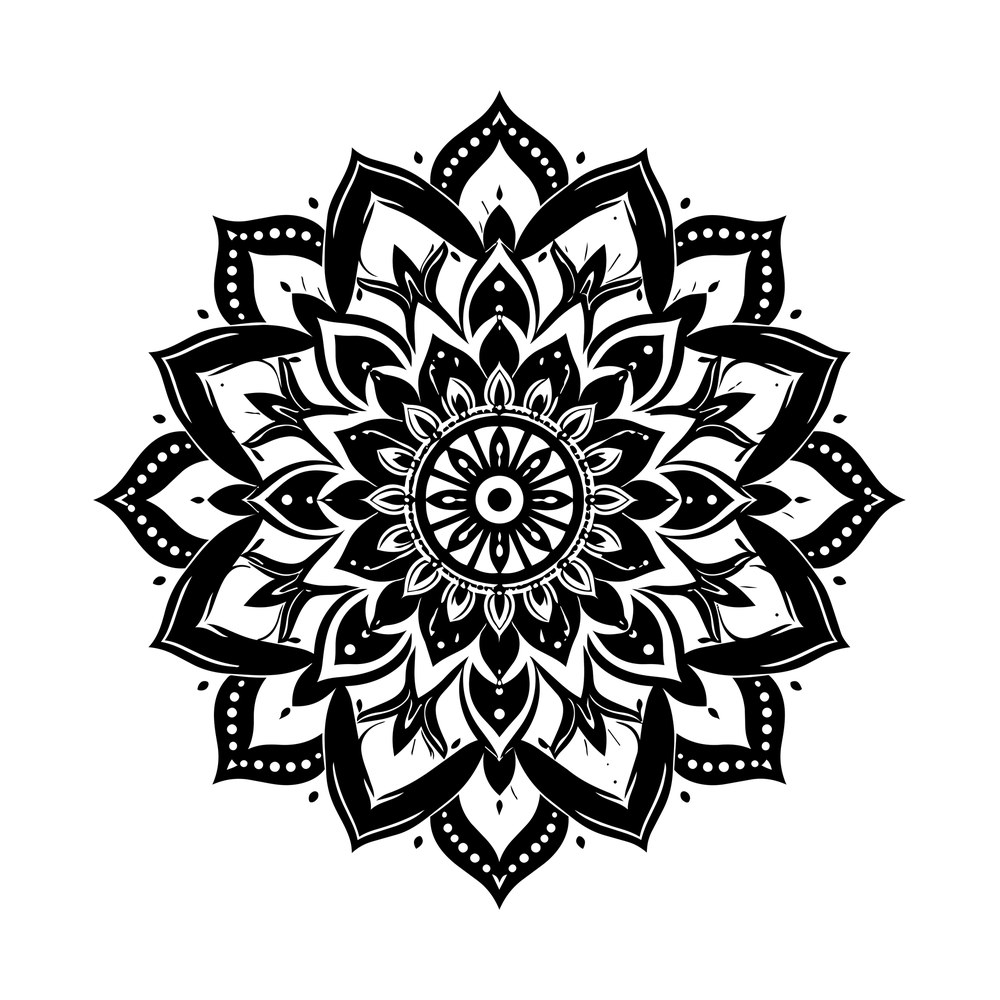 Black symmetrical floral mandala rosette with layered petals and dotted borders
