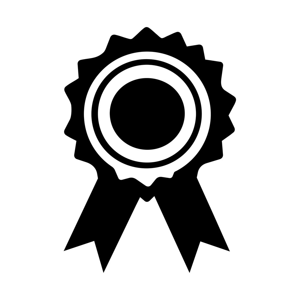 Black award ribbon rosette sticker with scalloped badge, ring center and two tails