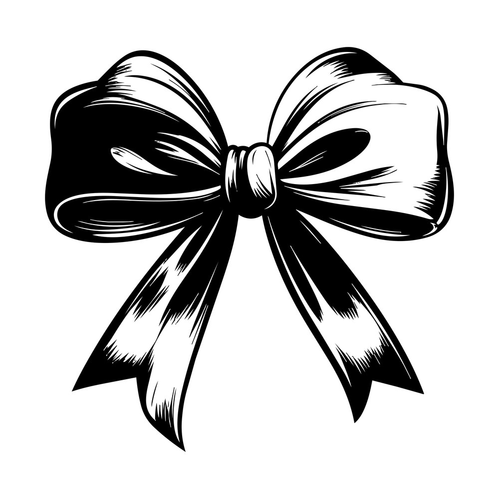 Black inked ribbon bow with two loops, knotted center and two notched hanging tails