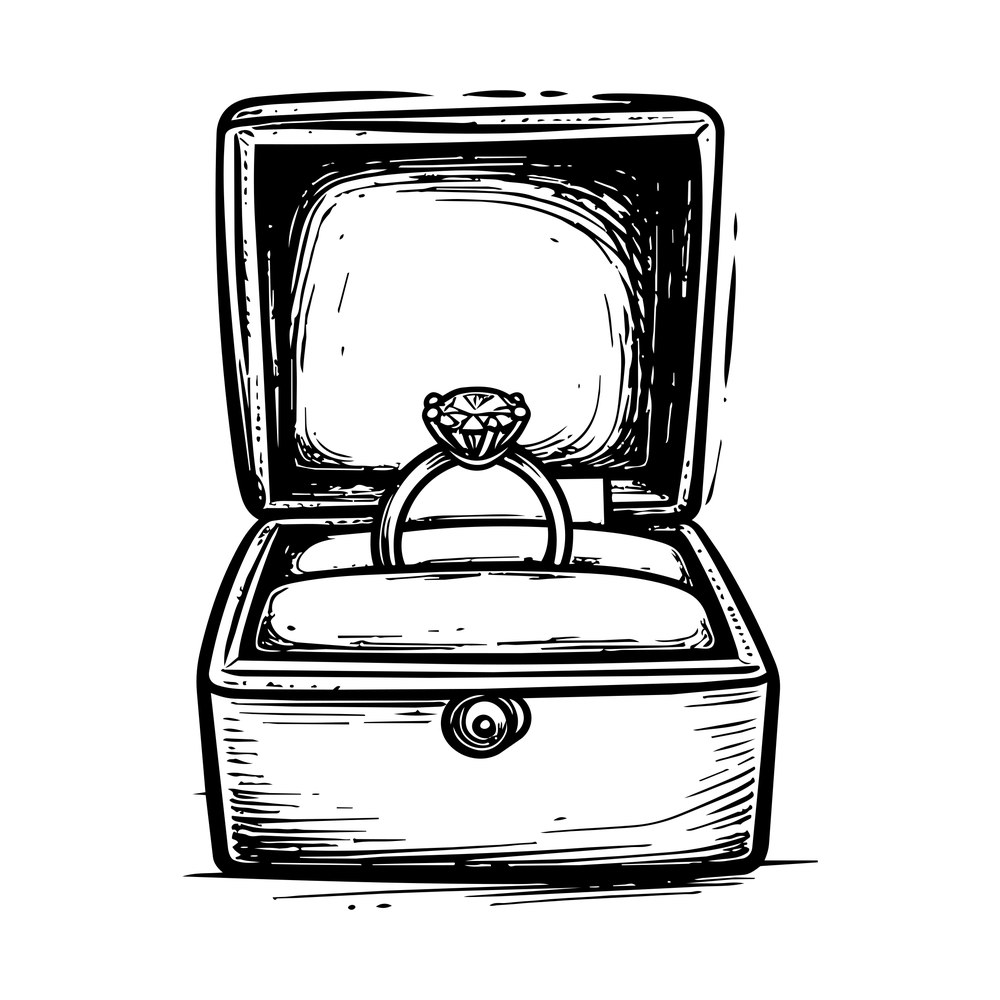 Hand-drawn open ring box with a solitaire diamond ring inside, sketchy black line art