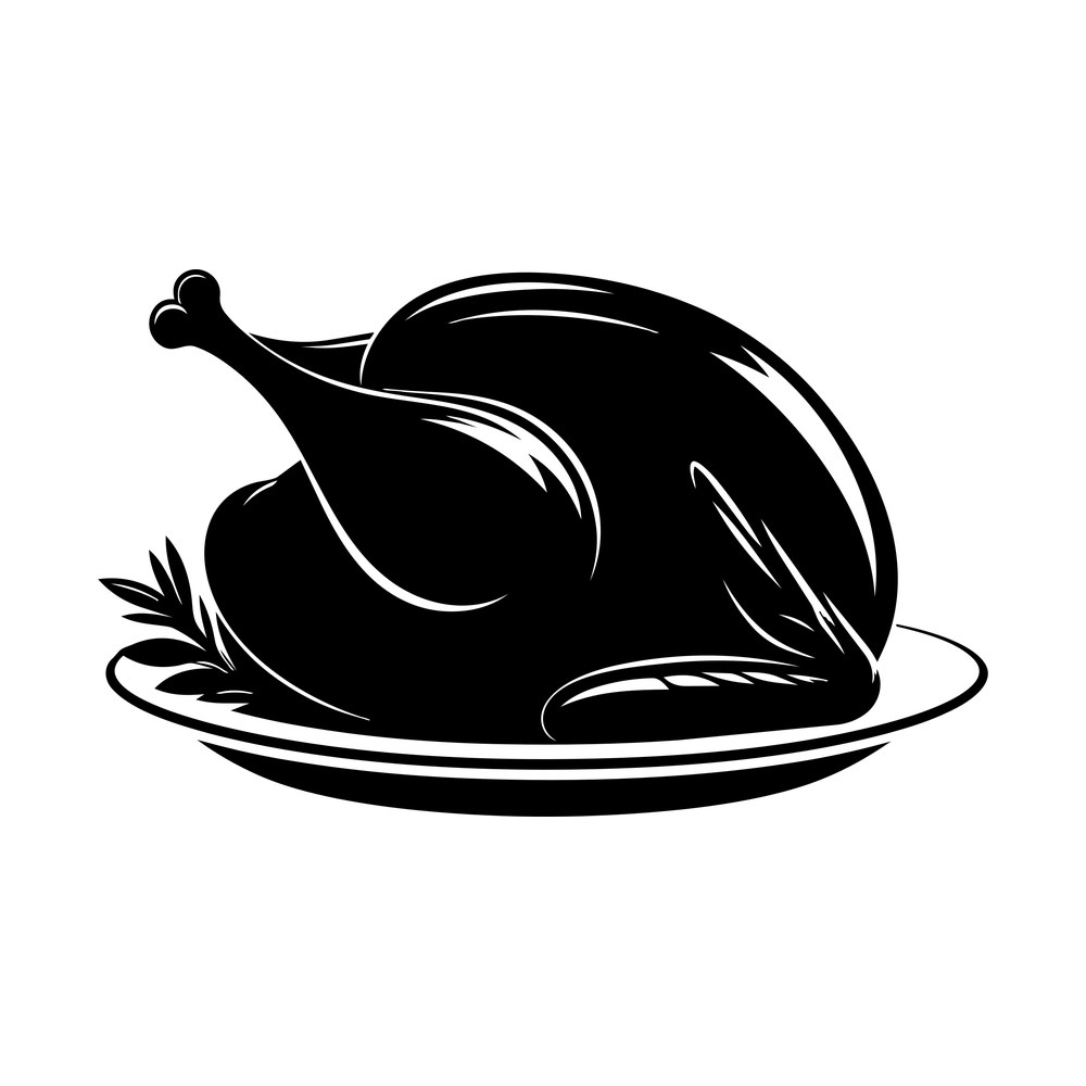 Side view of a roast turkey on a footed plate with herb garnish, black silhouette design