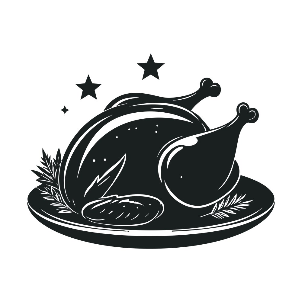 Roast turkey on an oval platter with herb sprigs and three stars above, black engraved style