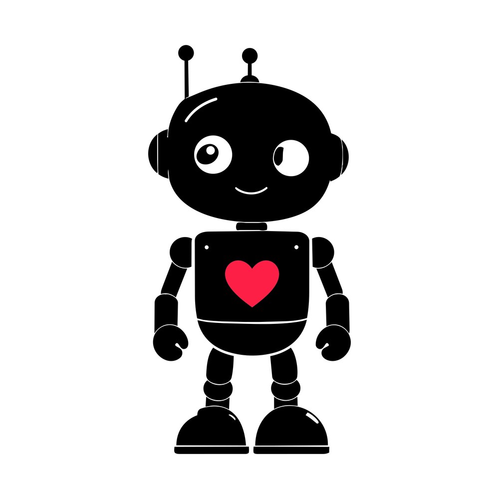 Cute black robot with two antennas, smiling face and a red heart on its chest panel
