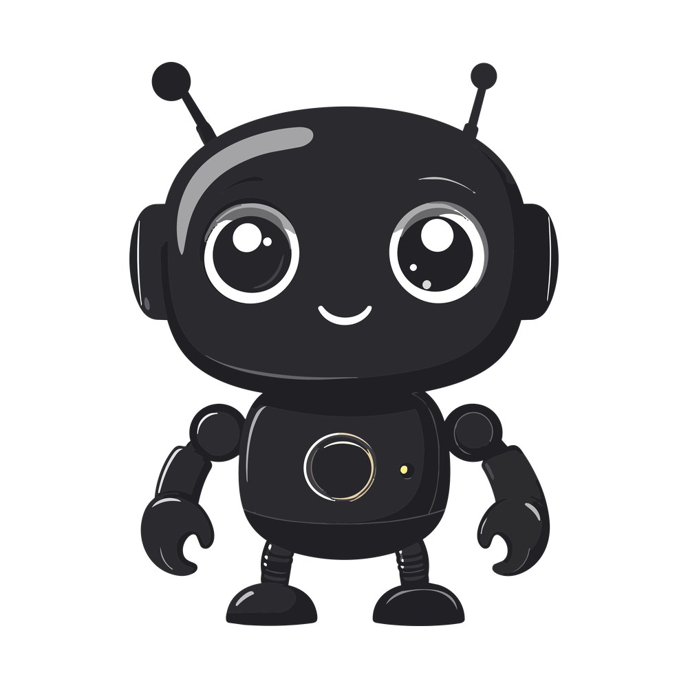 Cute dark gray robot with large shiny eyes, smile, antennae and claw hands, front view