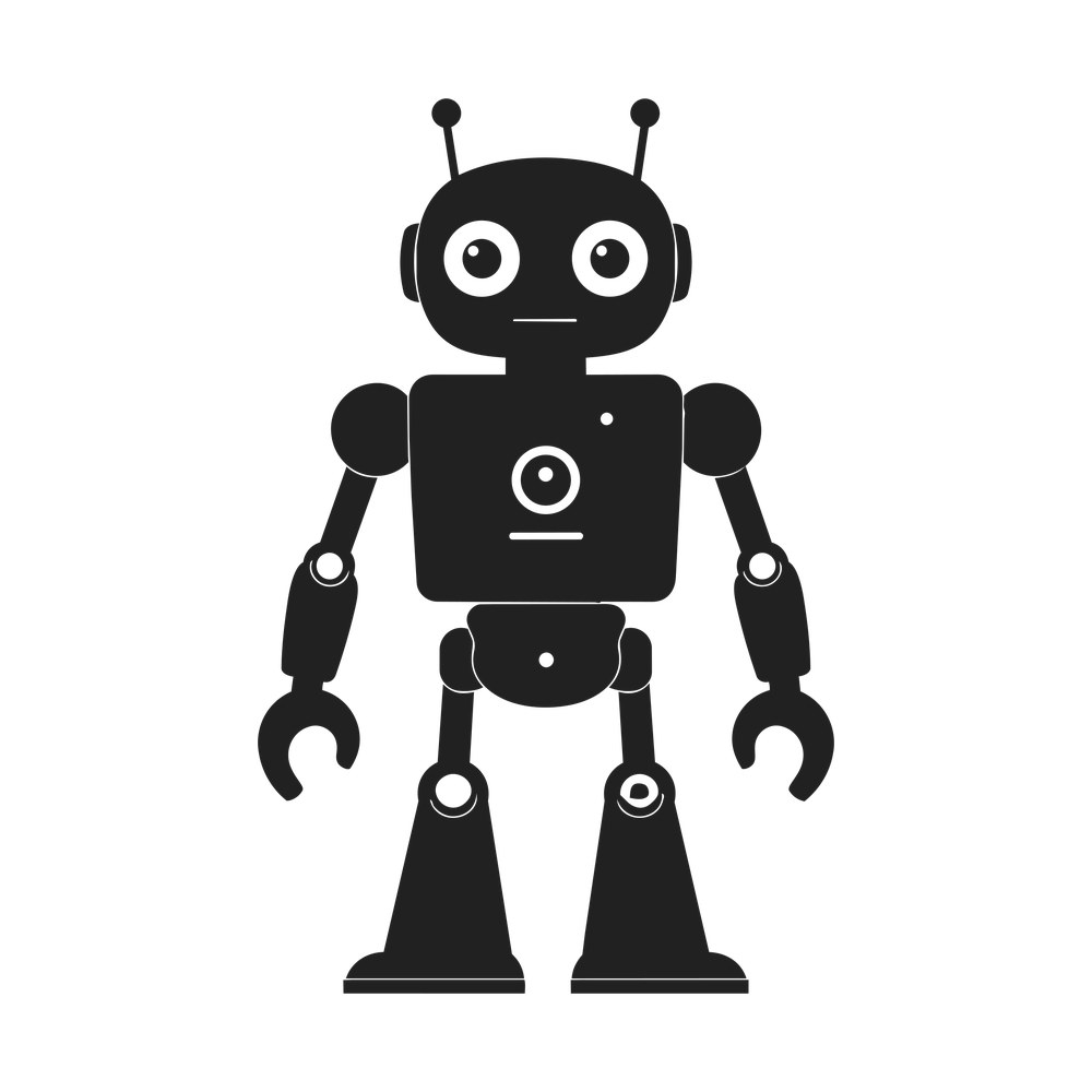 Black robot standing front on with antennae, round eyes, claw hands and cone-shaped legs