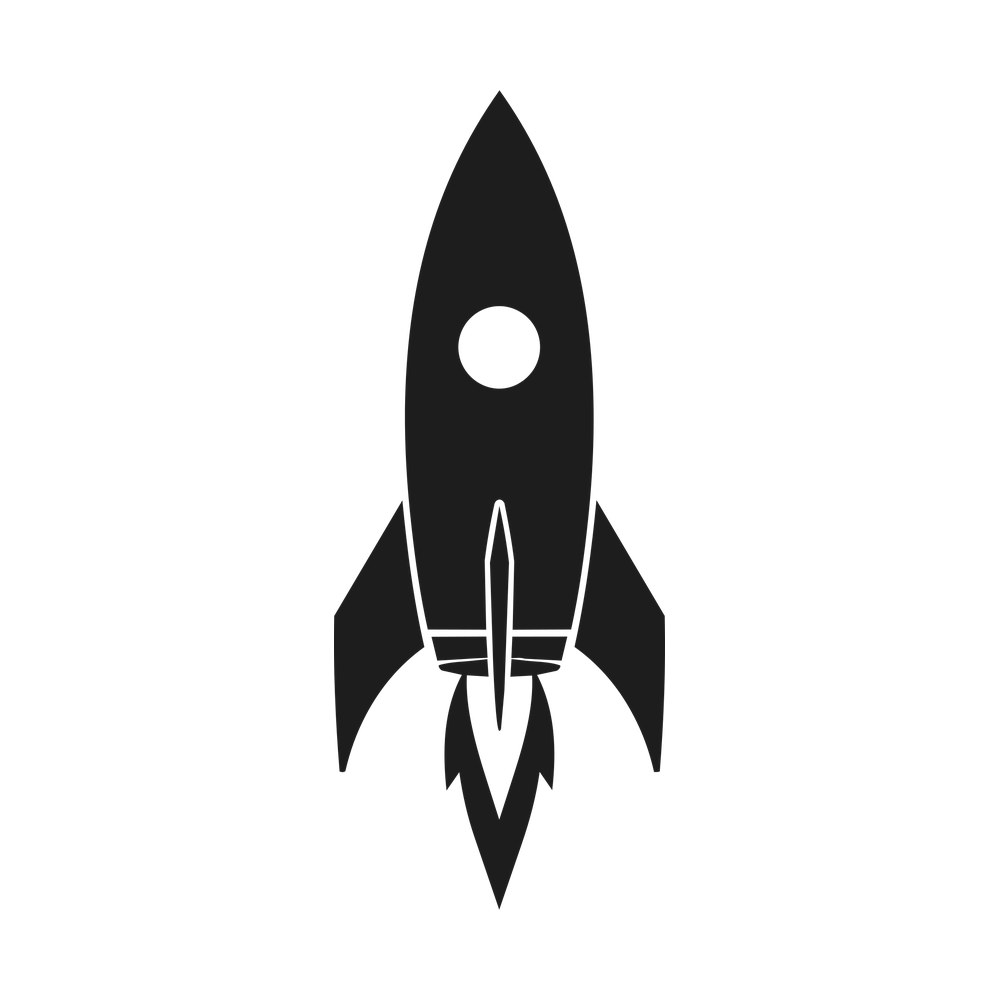Tall black rocket ship silhouette with swept fins, round window and pointed exhaust flame