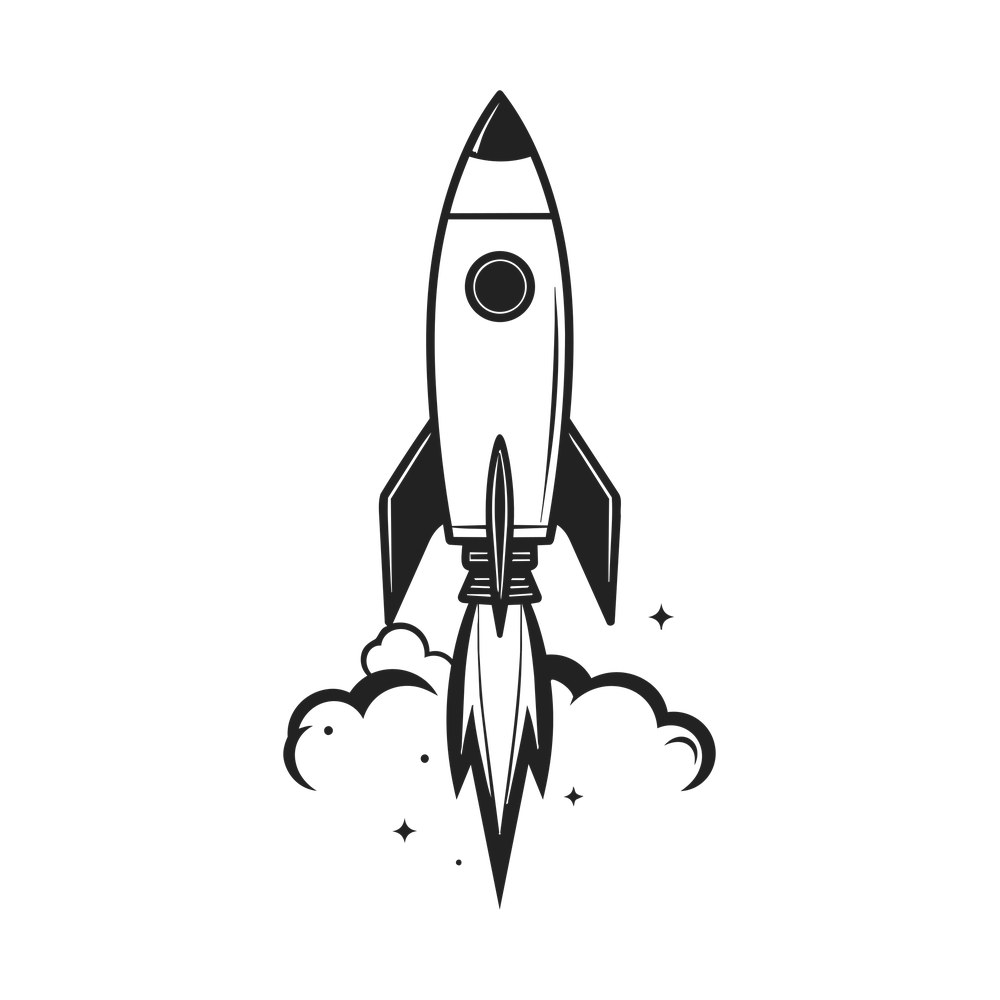 Line art rocket lifting off with flame, curling smoke clouds and small four-pointed stars