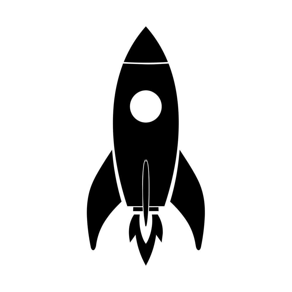 Solid black rocket ship with nose cone, round window, two fins and a flame at the base