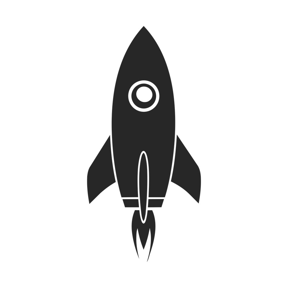 Retro rocket ship silhouette with round porthole, two swept fins and a flame beneath the engine