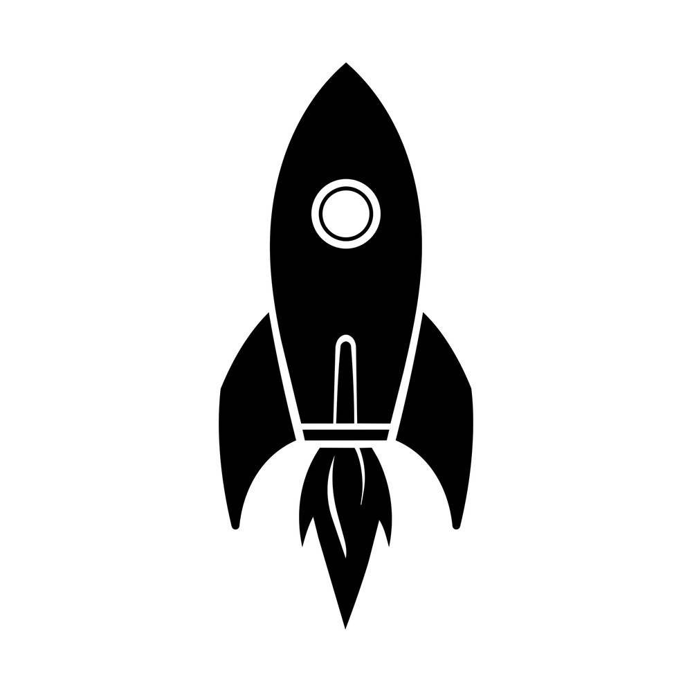 Black rocket ship sticker with round porthole window, three fins and flames below