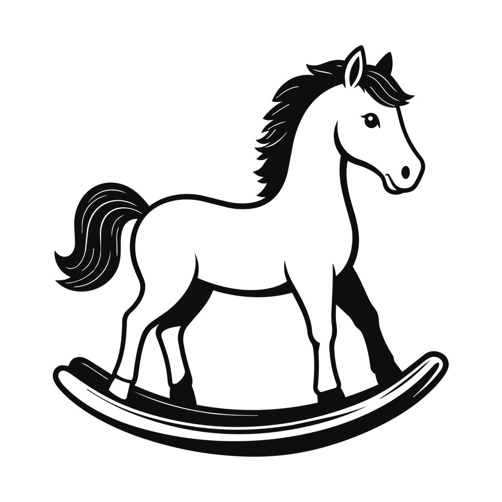 Black silhouette rocking horse with flowing mane and tail standing on curved rockers