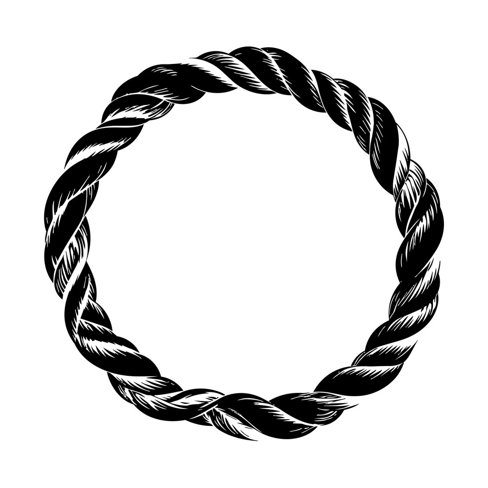 Twisted rope circle frame drawn in black with white fiber hatch lines, empty center