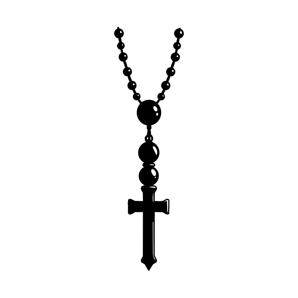 Hanging rosary necklace with graduated round beads and a flared cross pendant in solid black