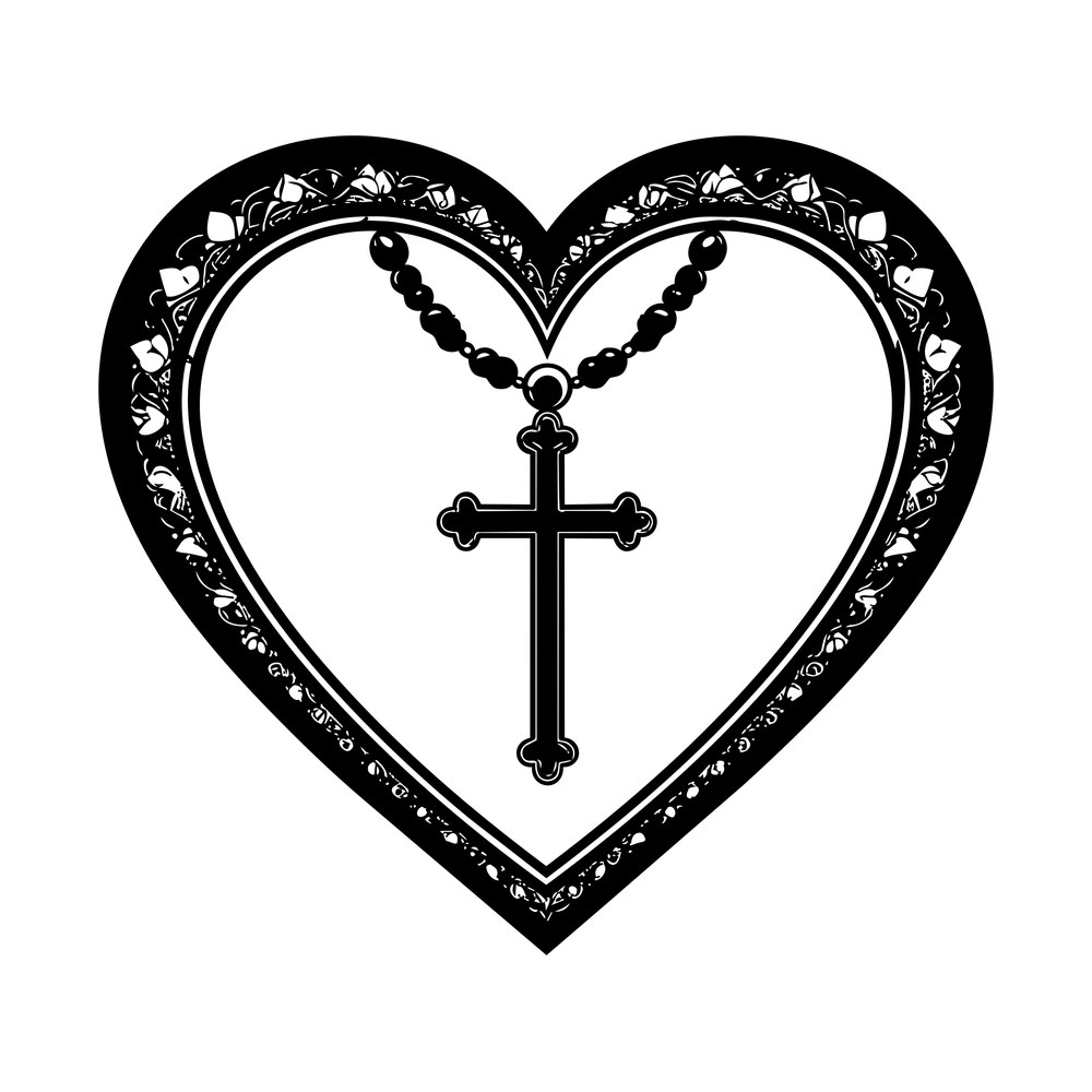 Heart frame edged with small flowers and vines around a beaded chain holding a budded cross