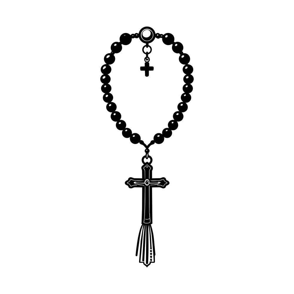 Rosary bead loop with small hanging cross and an ornate crucifix with tassel below