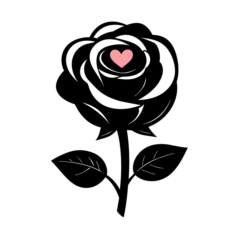 Chunky black rose silhouette with spiral petals, two leaves and a small pink heart at the center