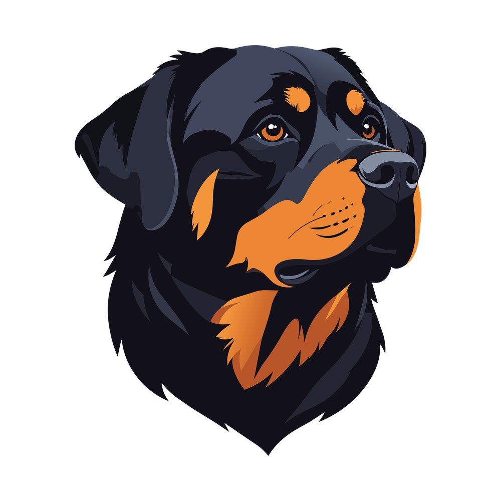 Illustrated rottweiler head with tan muzzle markings and amber eyes, facing up