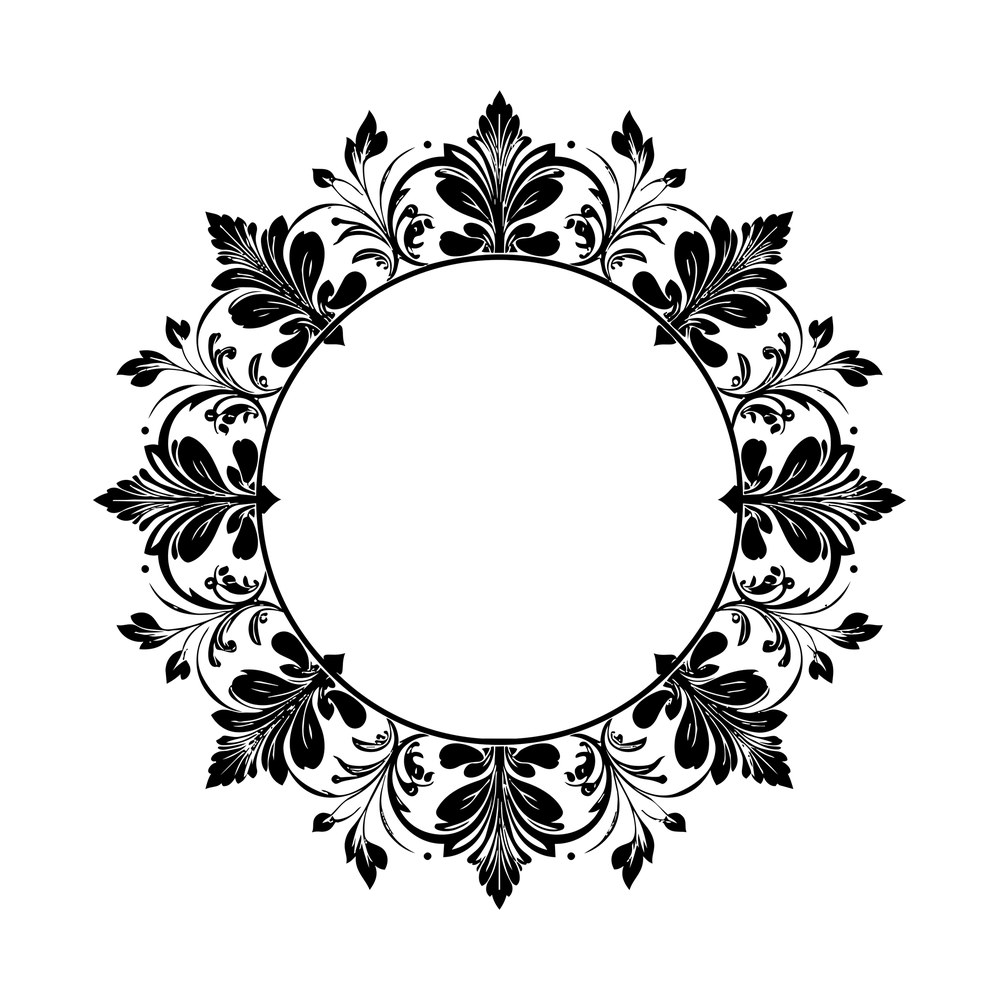 Ornate round floral damask frame with scrolls and leaves around an empty circle