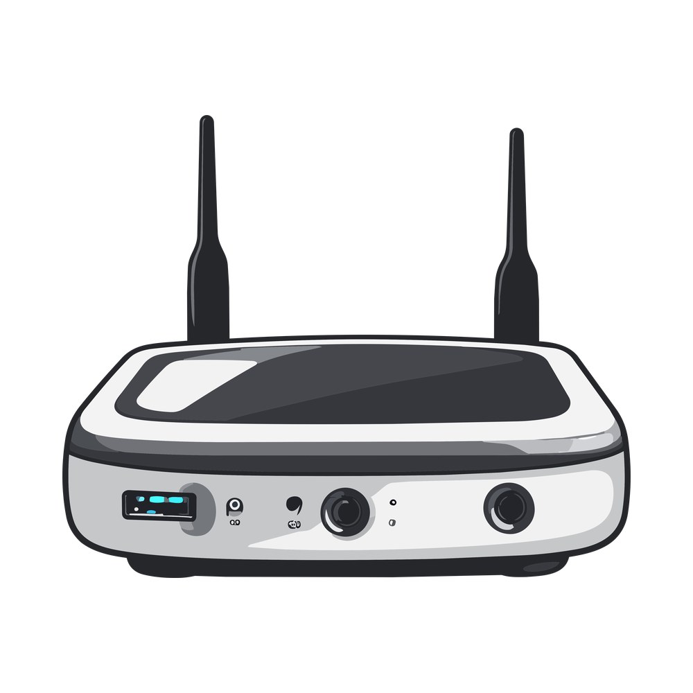 Wireless router clip art with two upright antennas, glossy black top and front USB and round ports