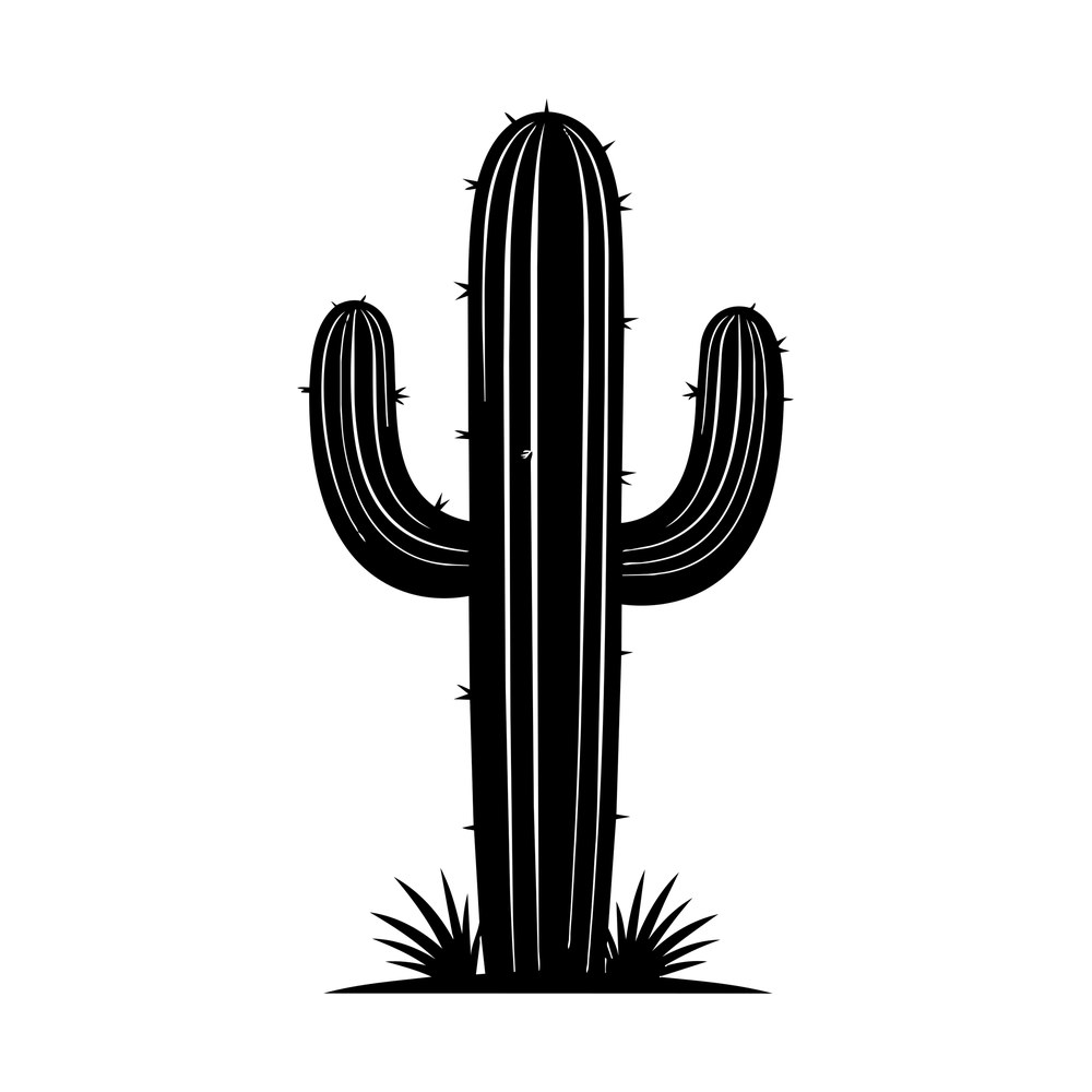 Black silhouette of a tall saguaro cactus with two arms, ribbed trunk and grass at the base