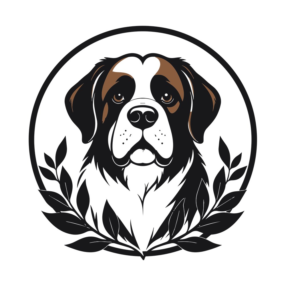 Saint Bernard dog head in a circle frame with laurel leaf branches below