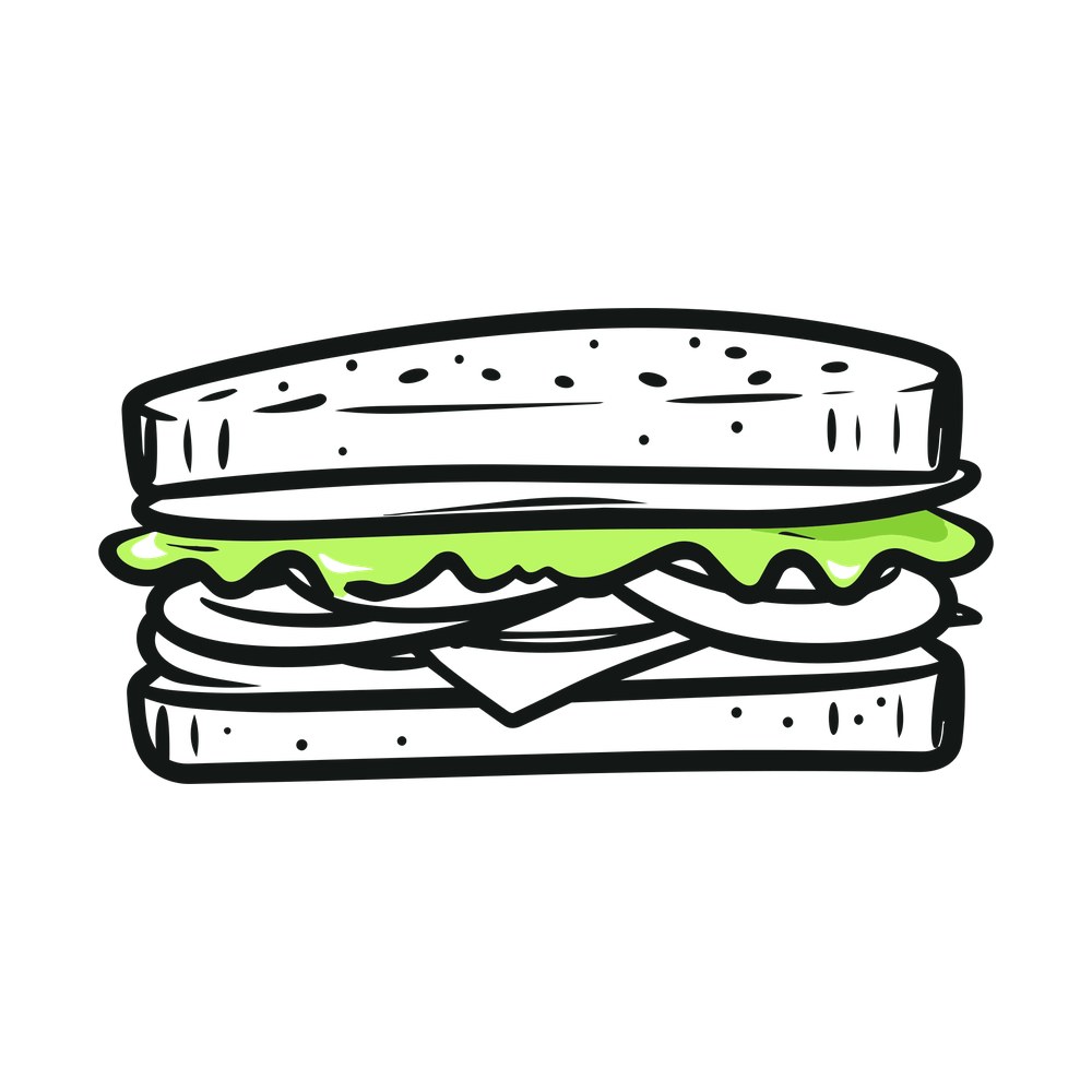 Hand-drawn sandwich with seeded bread, green lettuce, cheese and sliced vegetables