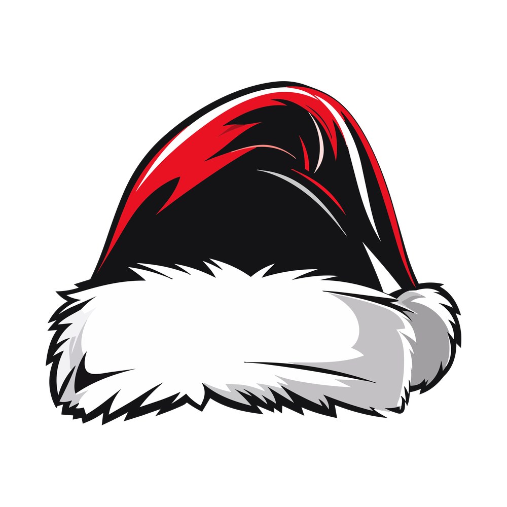 Red and black Santa hat with thick shaggy white fur brim and side pom-pom