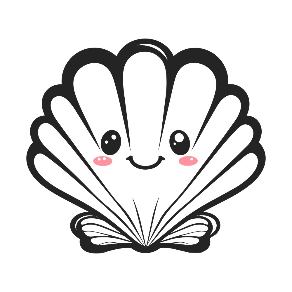 Cartoon scallop shell with large eyes, a smile and pink blush cheeks