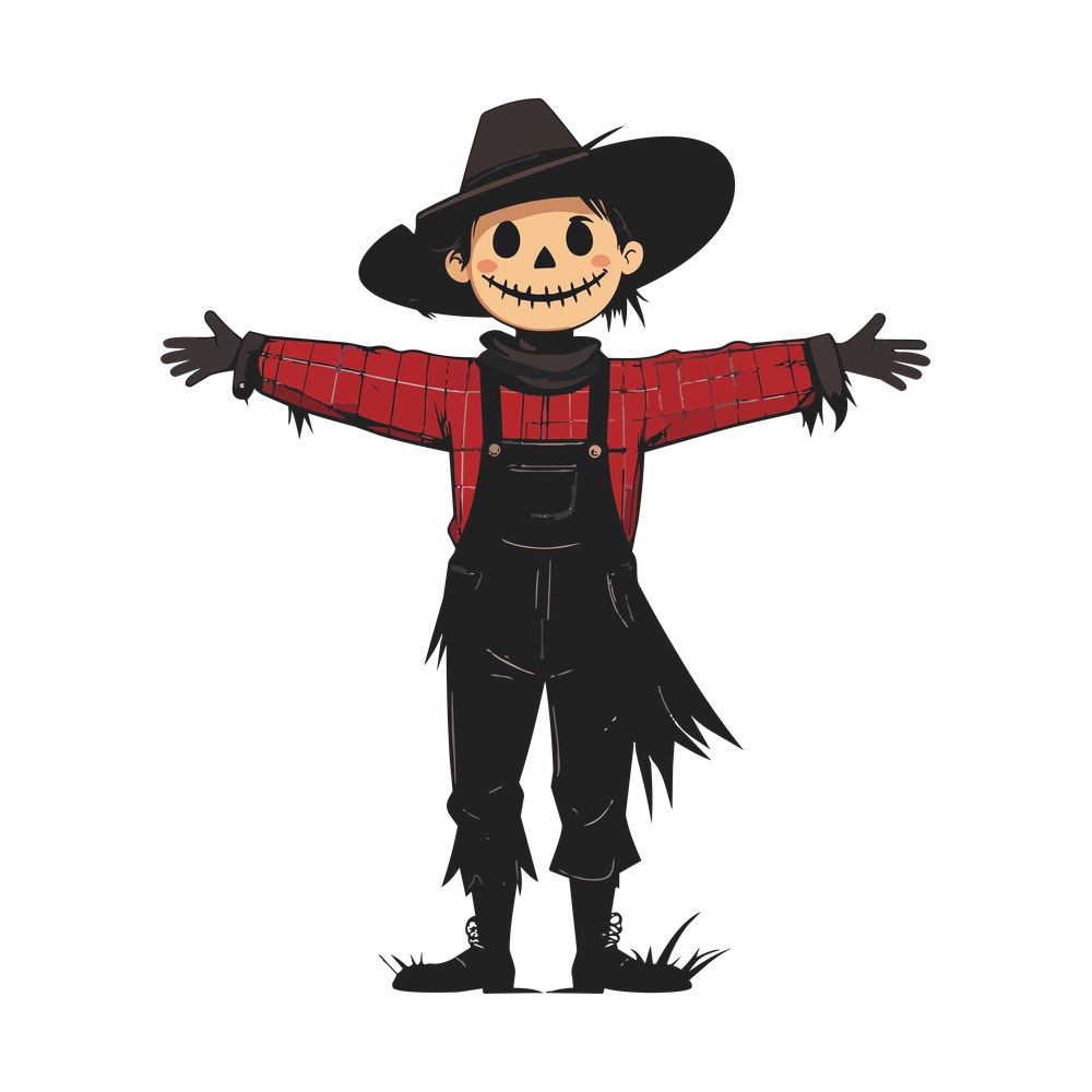 Cartoon scarecrow with stitched smile in black hat, red plaid shirt and black overalls, arms outstretched