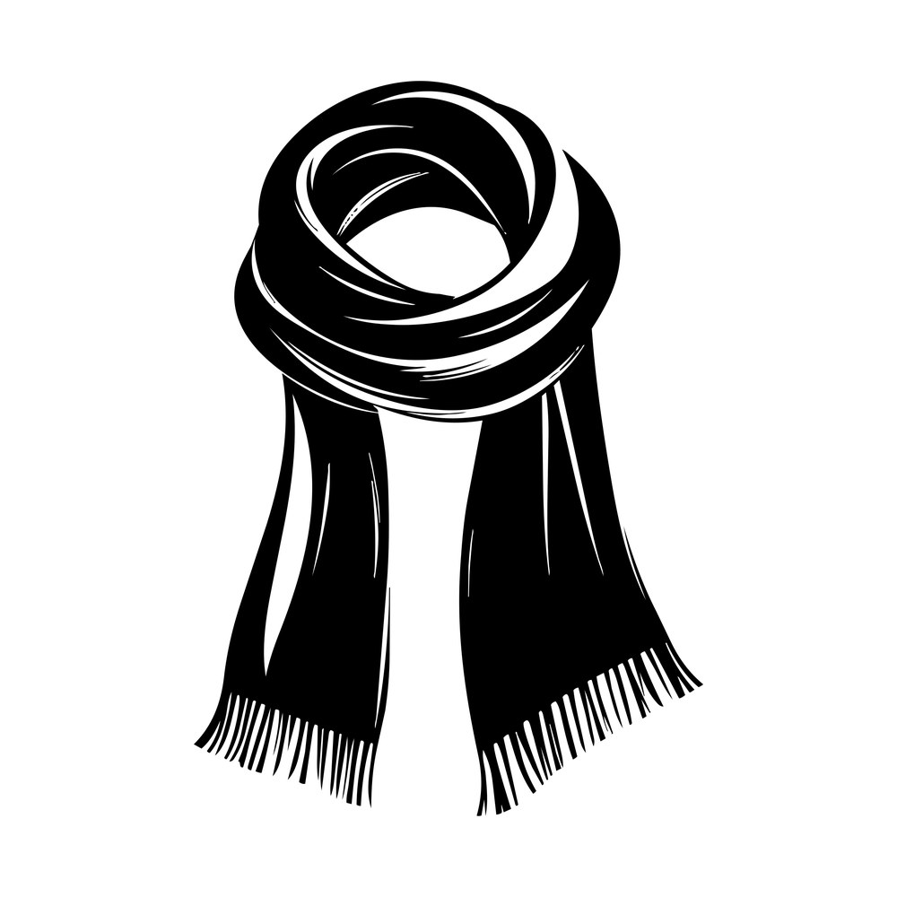 Black silhouette of a looped knit winter scarf with two long fringed ends hanging down