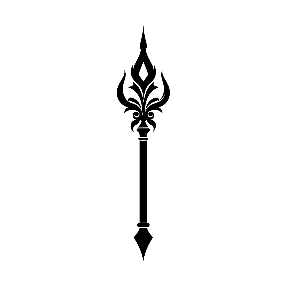 Black sticker of an ornate royal scepter with flame finial, scroll leaves and pointed tip