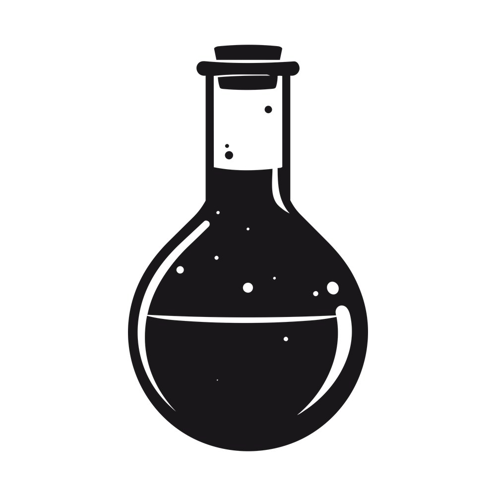 Black silhouette of a round bottom chemistry flask with cork stopper, liquid line and bubbles