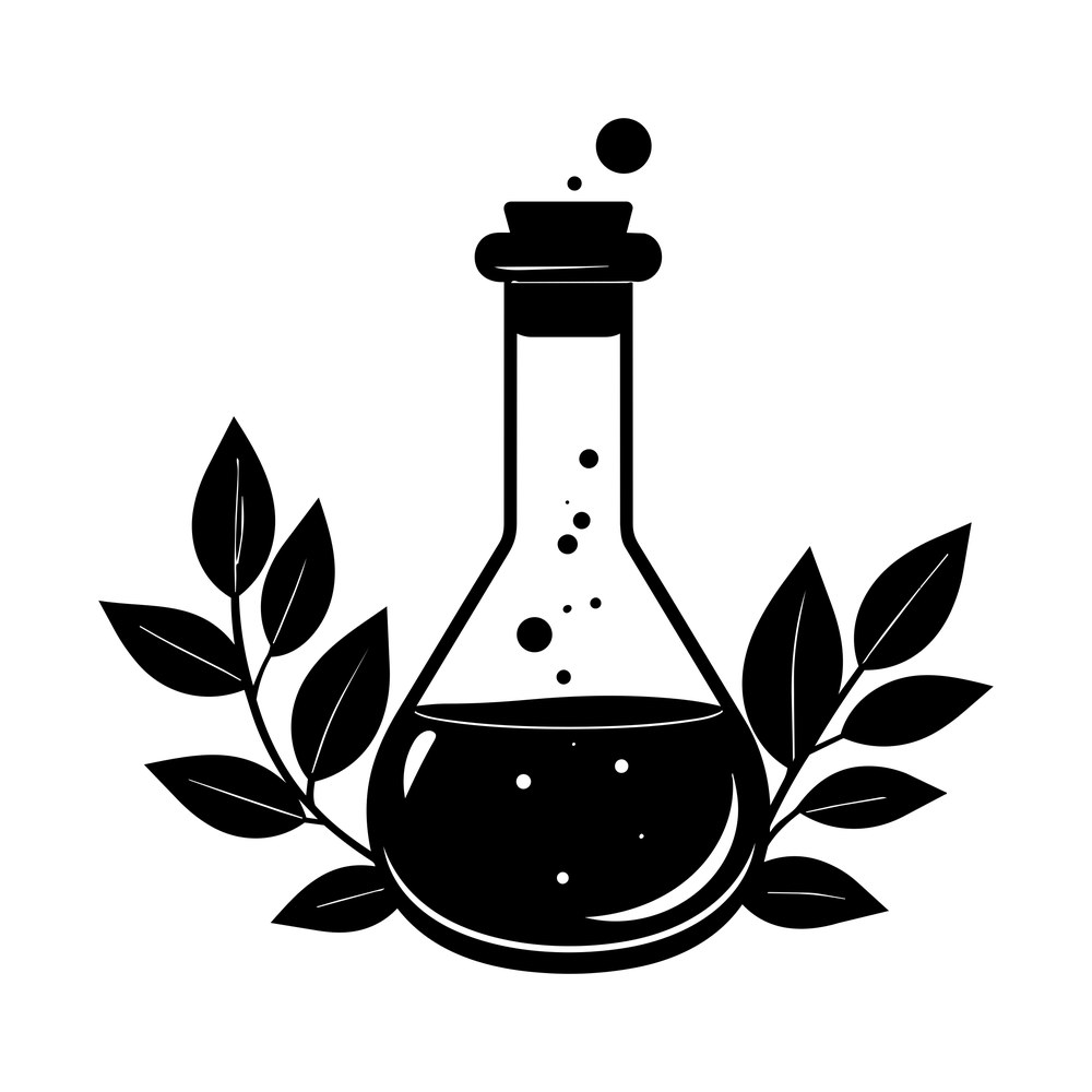 Black science flask with cork and bubbling liquid framed by leafy branches on both sides