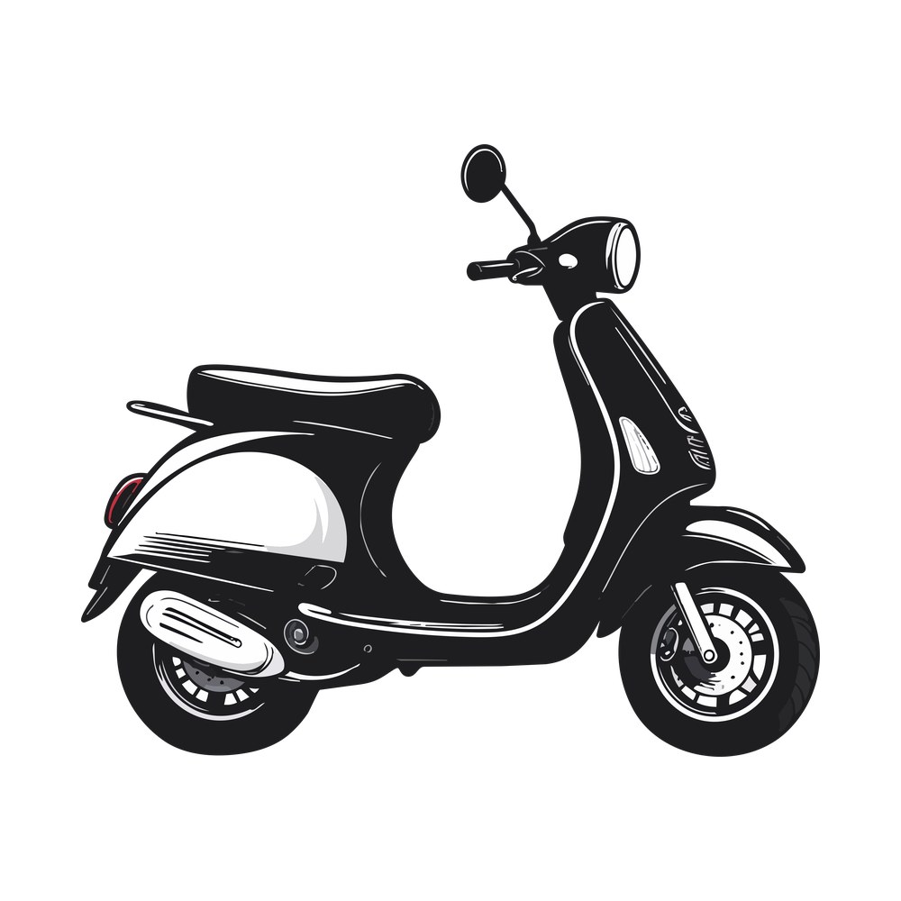 Side view of a classic motor scooter with round headlight, mirror, saddle and spoked wheels