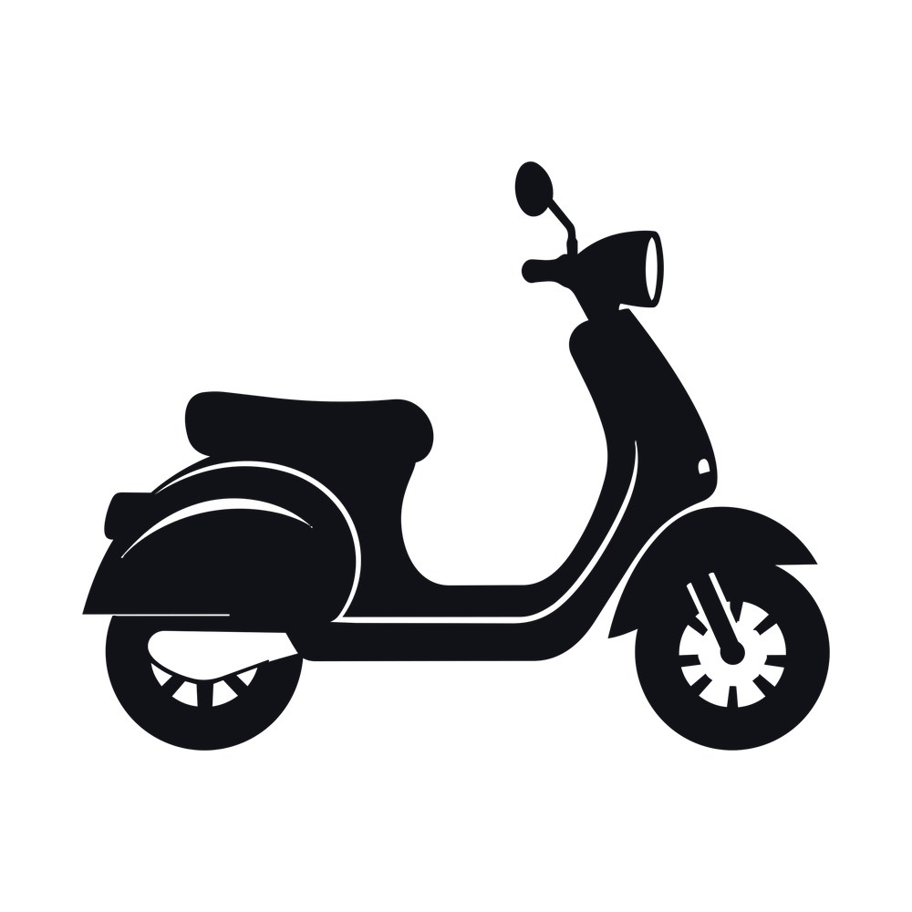 Black side-view sticker of a retro motor scooter with round headlight, mirror and spoked wheel