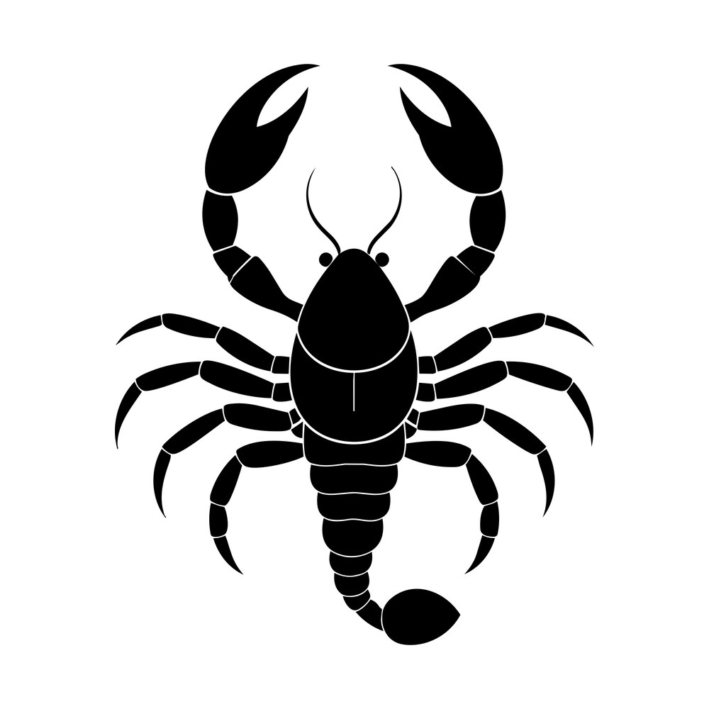 Top-down black scorpion cut file with raised claws, eight legs, antennae and curled stinger tail