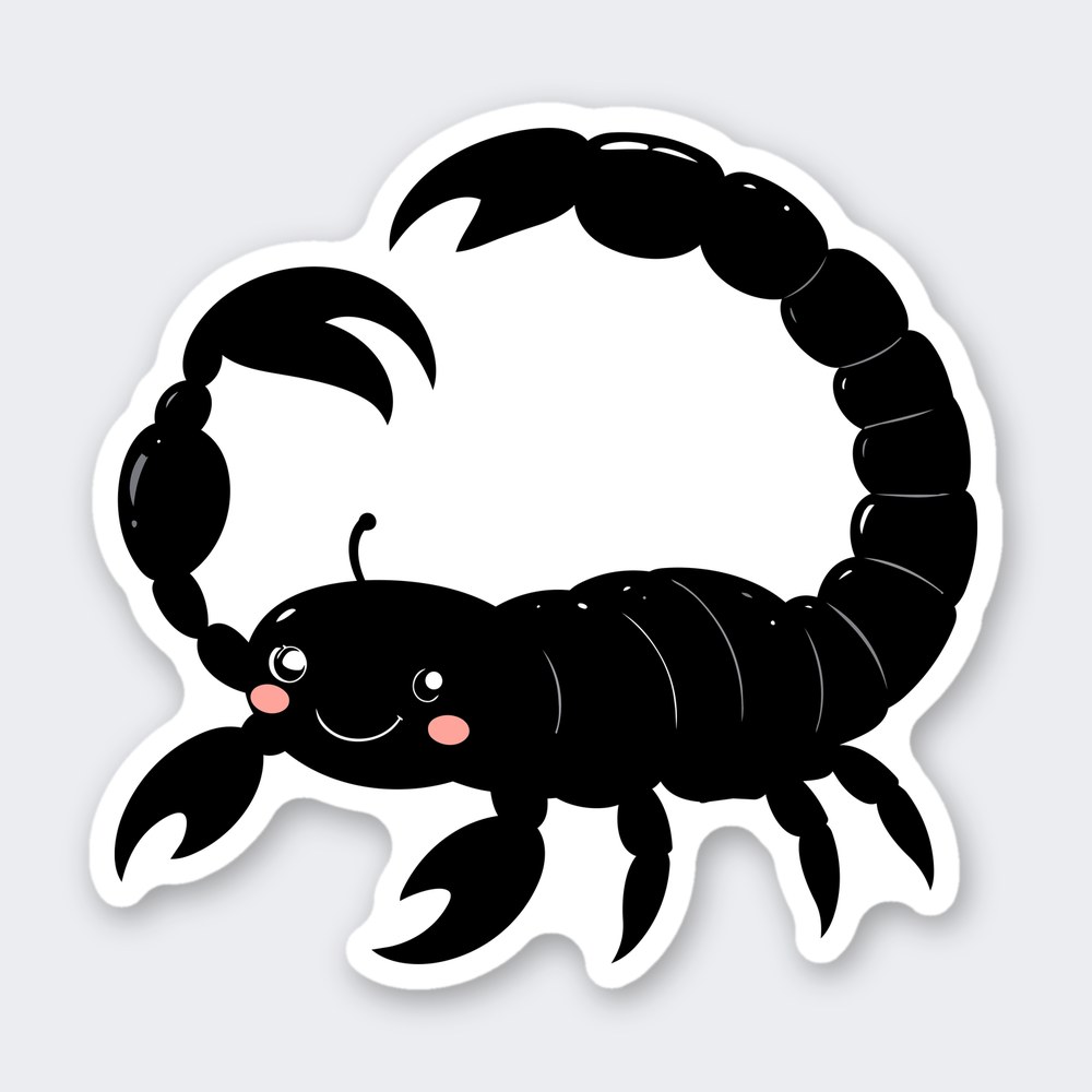 Cartoon scorpion facing left with curled tail, pincer claws, smiling face and pink cheeks