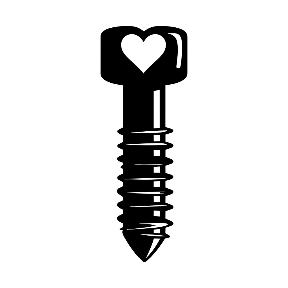 Black screw cut file with a heart-shaped hole in the head, threaded shank and pointed tip