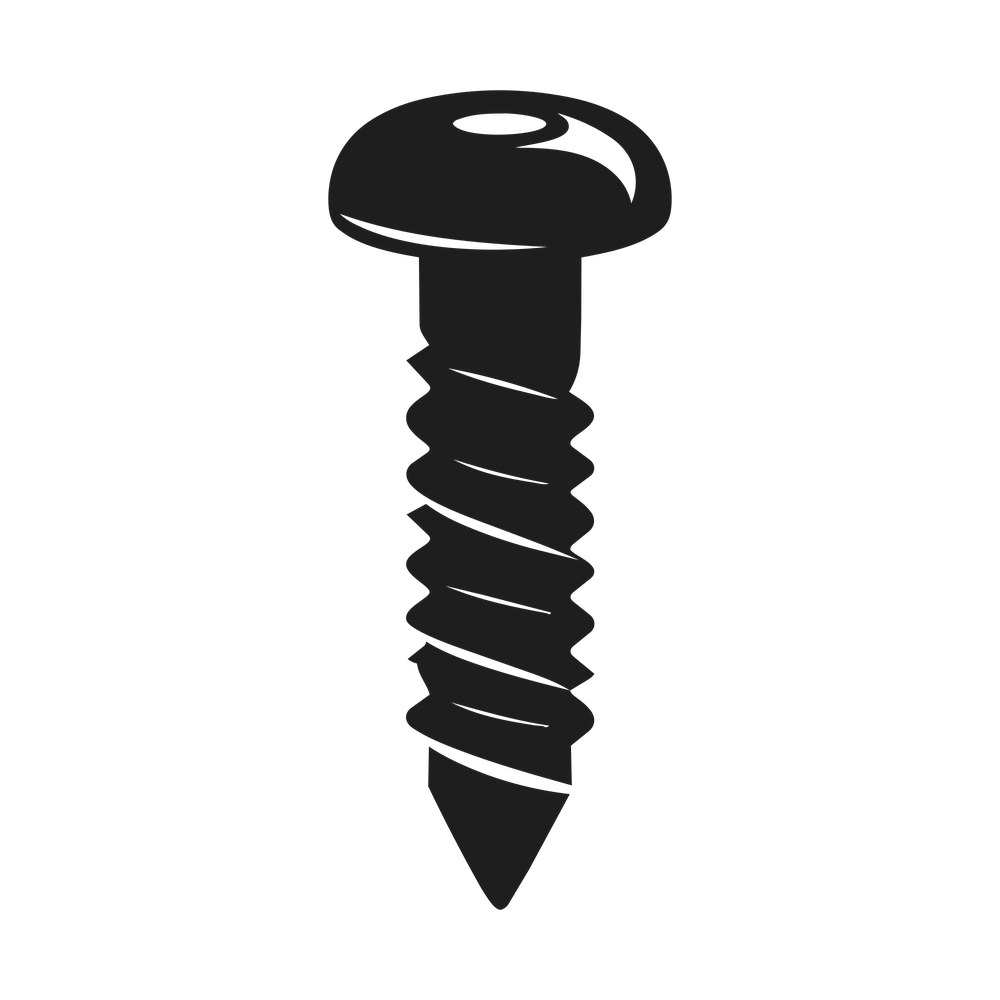 Black silhouette of an upright screw with rounded slotted head, chunky threads and pointed tip