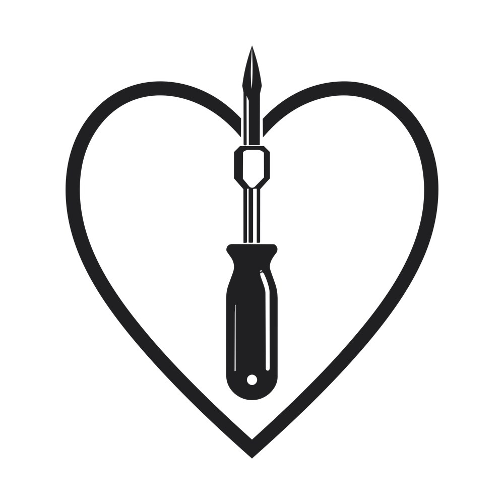 Outlined heart frame with a flathead screwdriver standing upright through the top of the heart