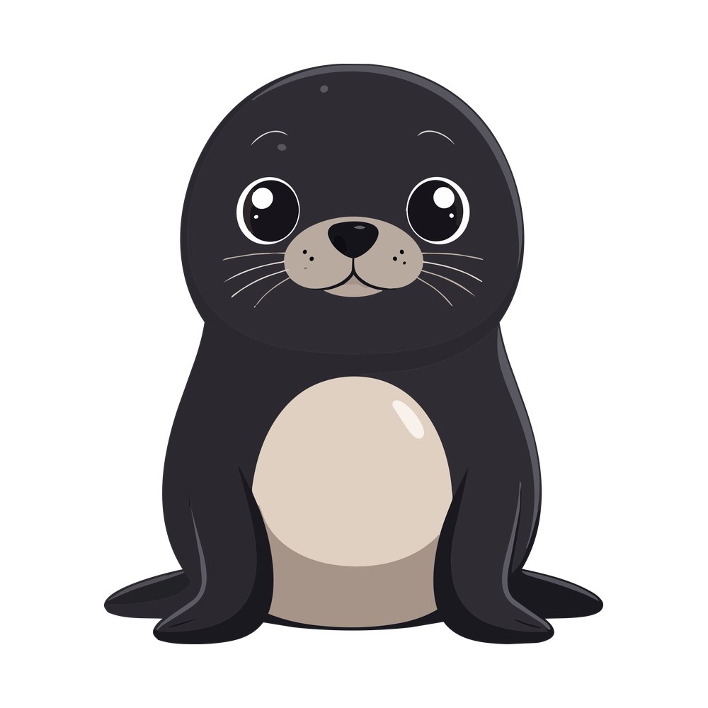 Kawaii cartoon baby seal with big glossy eyes, whiskers and cream belly sitting facing forward