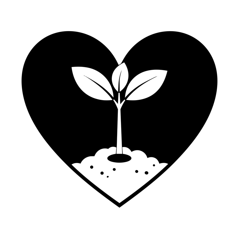 Black heart shape with a white seedling sprouting from a mound of speckled soil cut out of it
