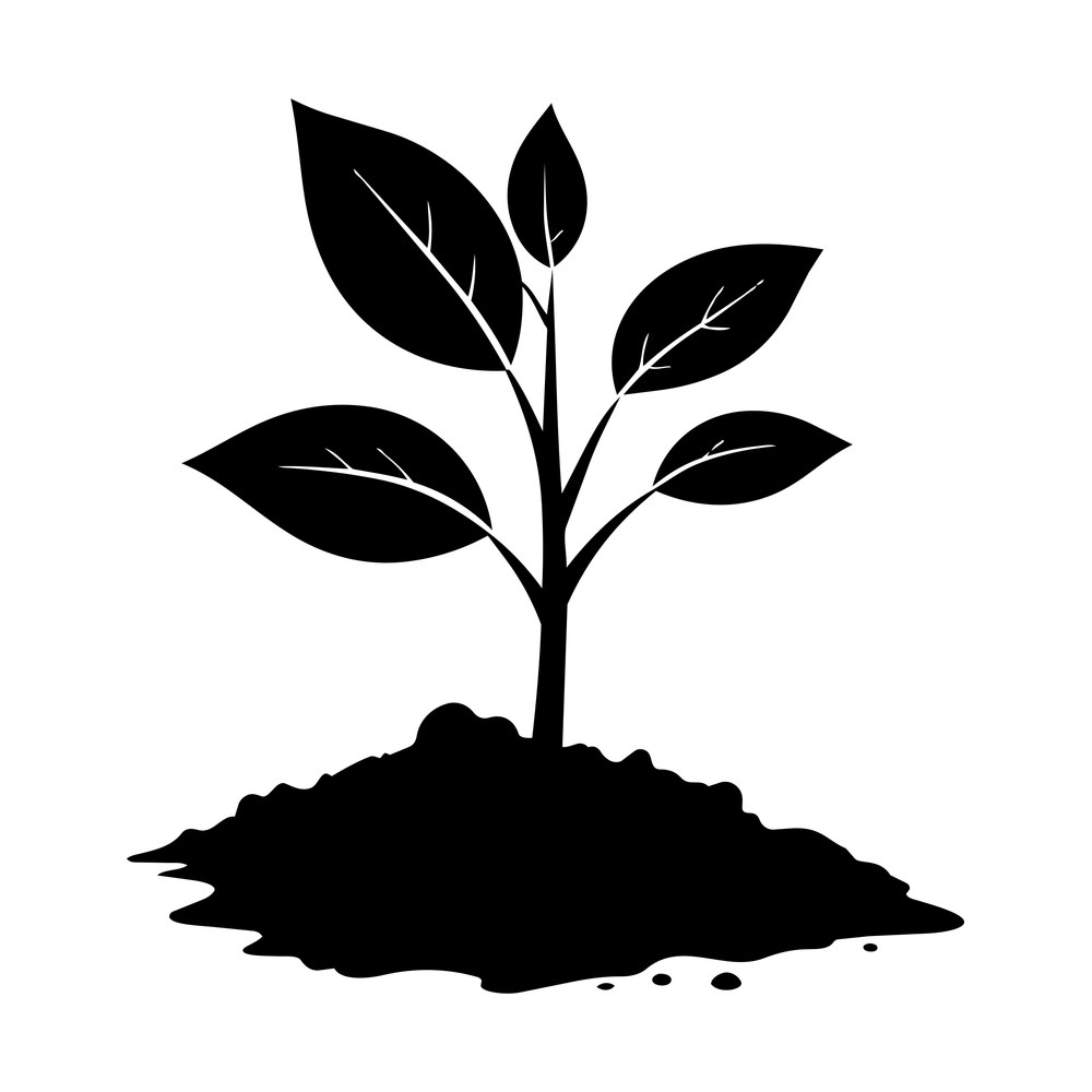 Silhouette of a small seedling with five veined leaves growing from a mound of soil