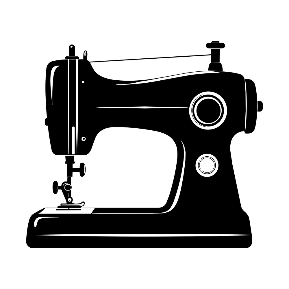 Black silhouette of a vintage sewing machine in profile with spool pin, thread, hand wheel and needle