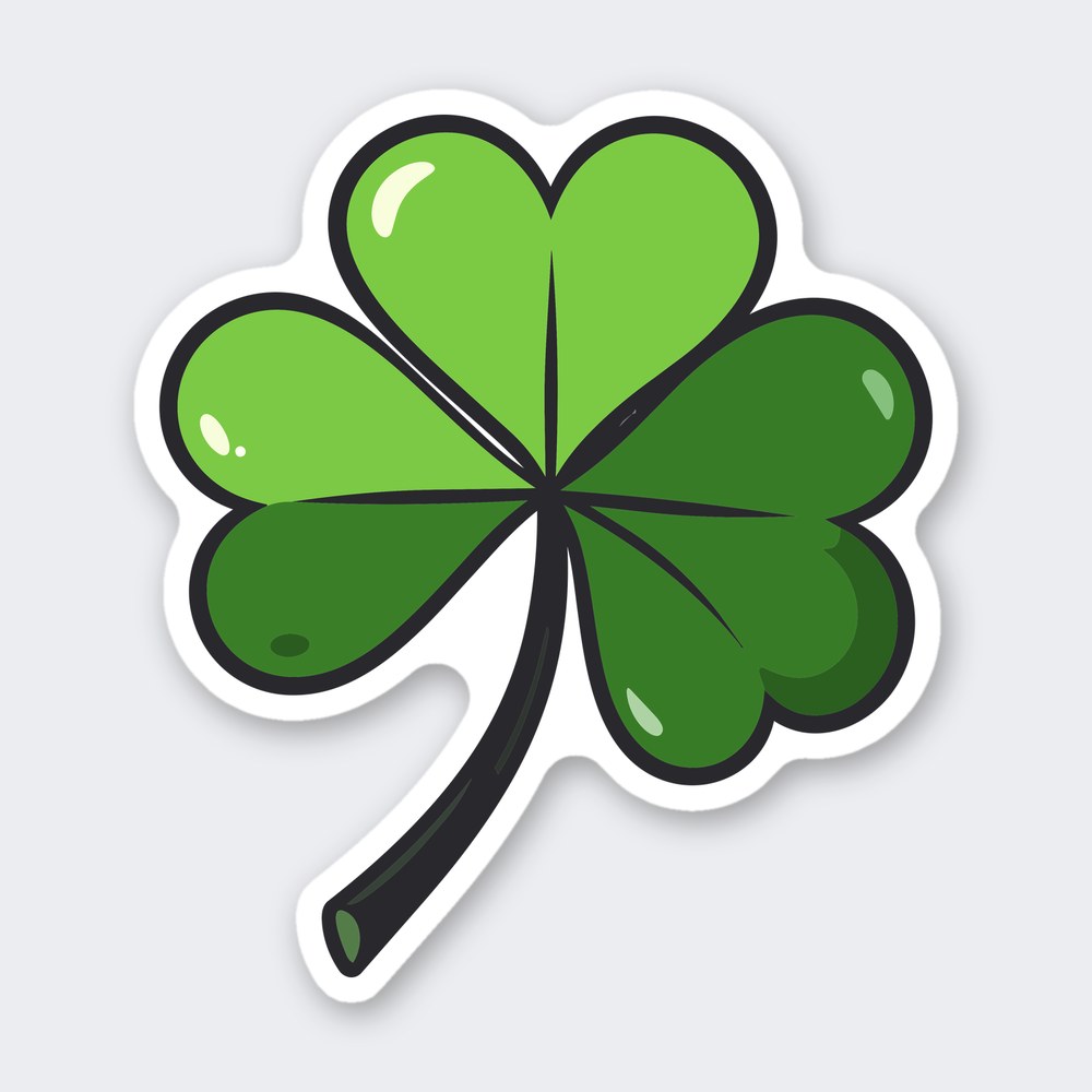 Cartoon three leaf shamrock in light and dark green with bold outline and curved stem
