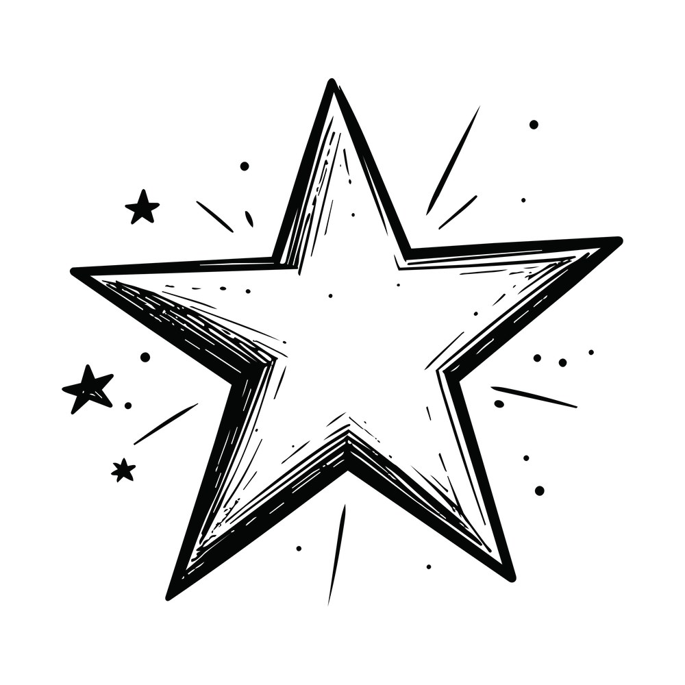 Hand-drawn star outline with sketchy shading, small stars, dots and streaking motion lines