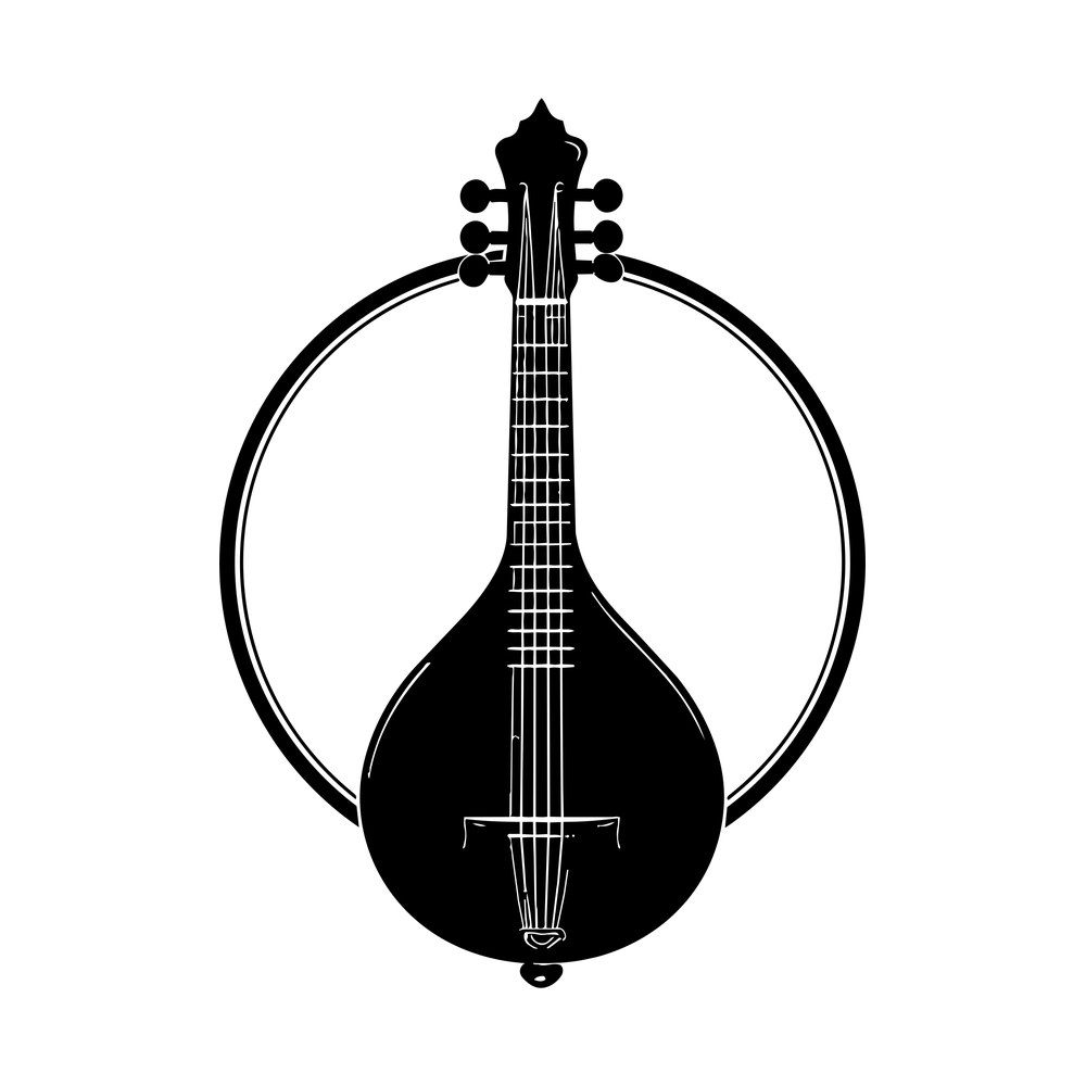Black sitar-style stringed instrument with strings and tuning pegs inside an open circular ring badge