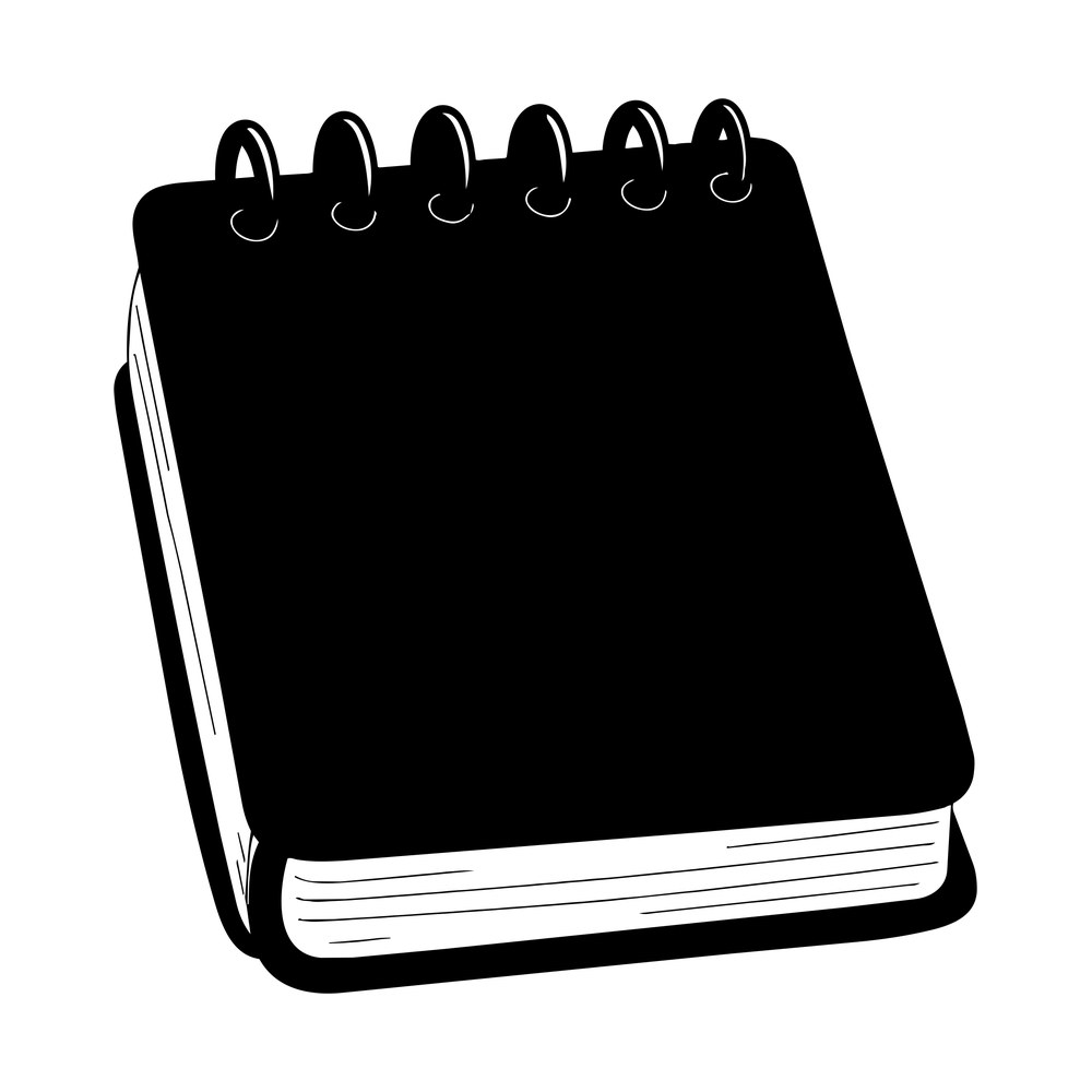 Black silhouette of a spiral-bound sketchbook with wire coils at the top and lined page edges