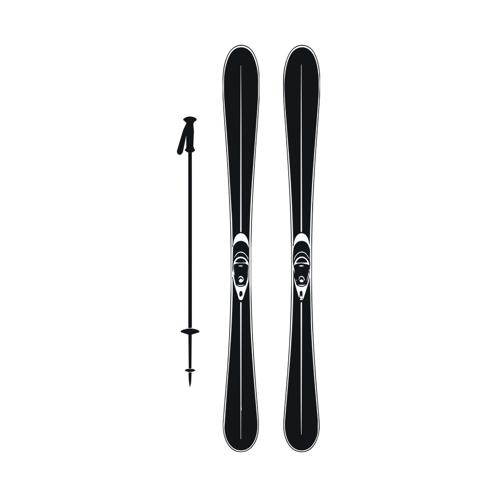 Black silhouette of two skis with bindings standing upright beside a single ski pole