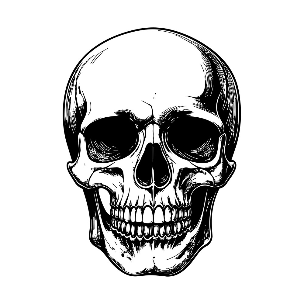 Hand drawn black skull facing forward with hollow eye sockets, hatched shading and full teeth
